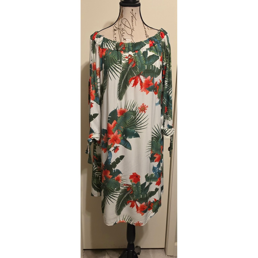 Piazza Del Tempio Italy Tropical Hibiscus Off Shoulder Dress Viscose Green L